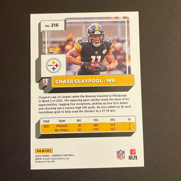 Chase Claypool: Pittsburgh Steelers, Wide Receiver 2022 Donruss Press Proof #216 - Picture 2 of 2